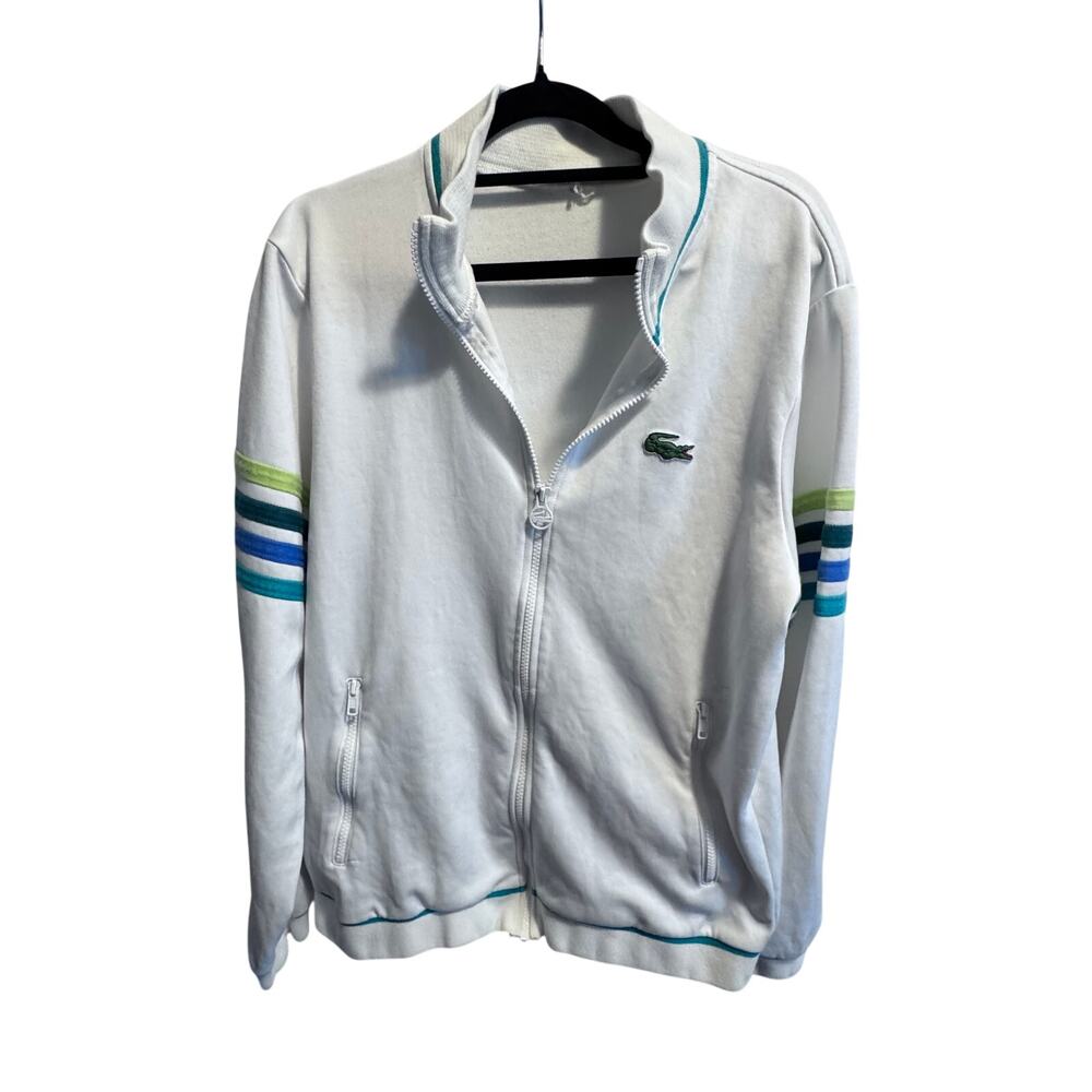 Vintage Lacoste White Full Zip Tennis Track Jacket Multi Stripe Men's XL Retro